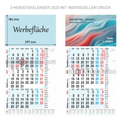 3-Monatskalender für das Jahr 2025 mit Werbedruck - Kalender in zwei Varianten: Deutsch-Englisch und Deutsch-Türkisch